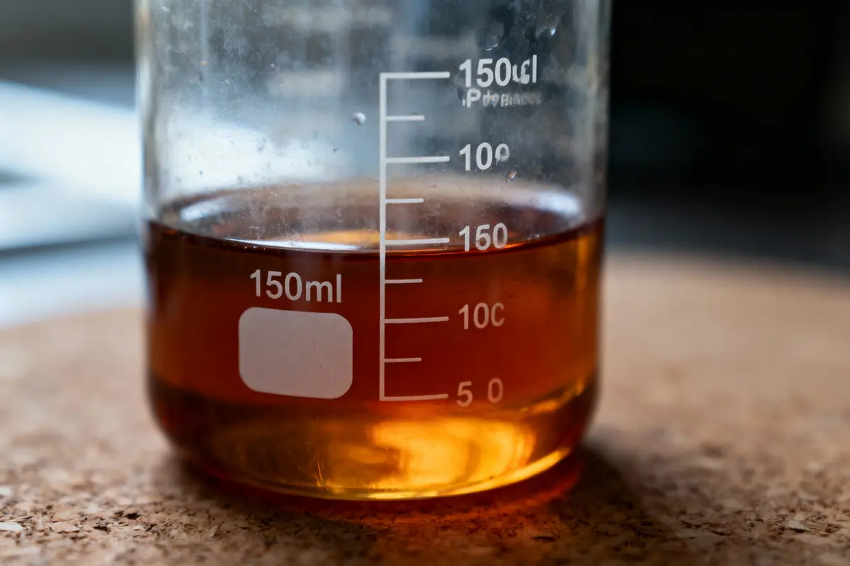 Bécher contenant liquide ambré, graduations visibles jusqu'à 150 ml, posé sur surface en liège.