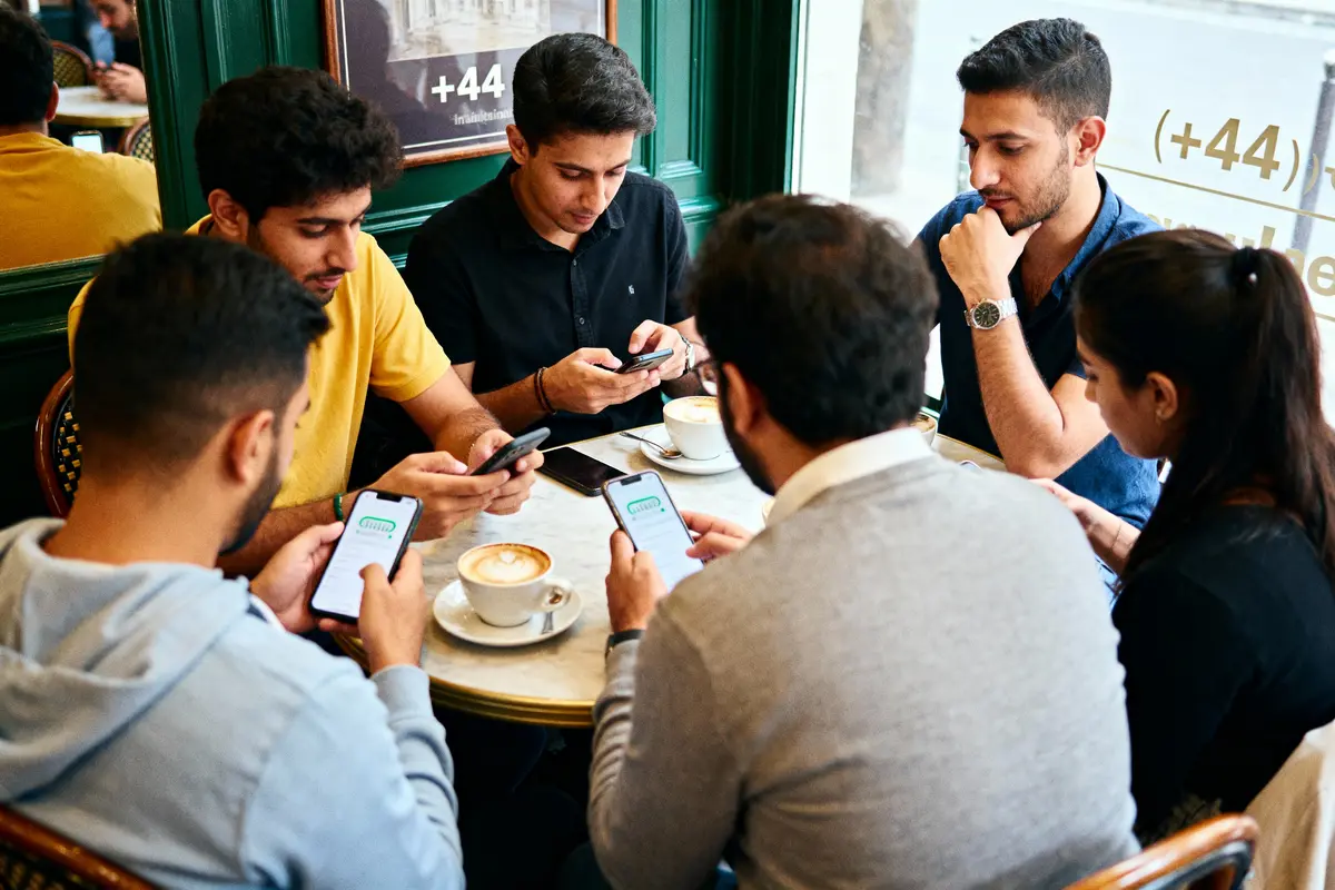 Groupe de six personnes dans un café utilisant des smartphones autour d'une table avec tasses de café.