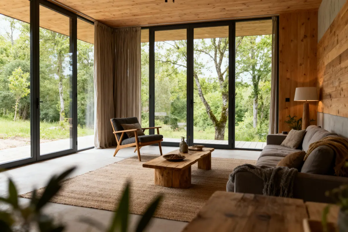 Salon moderne avec grandes baies vitrées, canapé gris, fauteuil en bois, table basse, tapis et vue sur forêt.