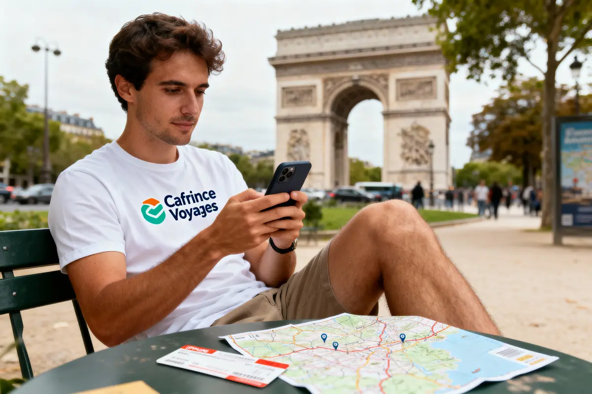 Homme assis, regarde son téléphone près de l'Arc de Triomphe, avec carte et billets sur table.