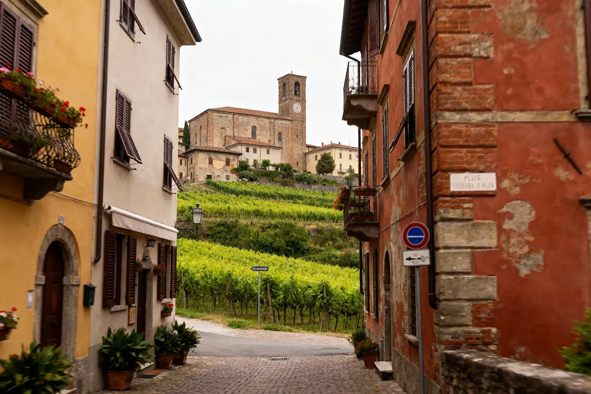 Rue pavée pittoresque avec bâtiments colorés et église au loin, entourée de vignes verdoyantes.