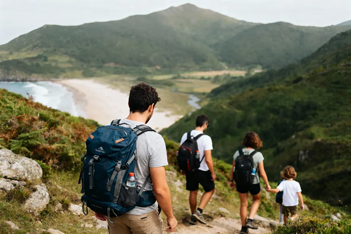 Groupe de randonneurs sur un sentier côtier verdoyant, avec plage et montagnes en arrière-plan.