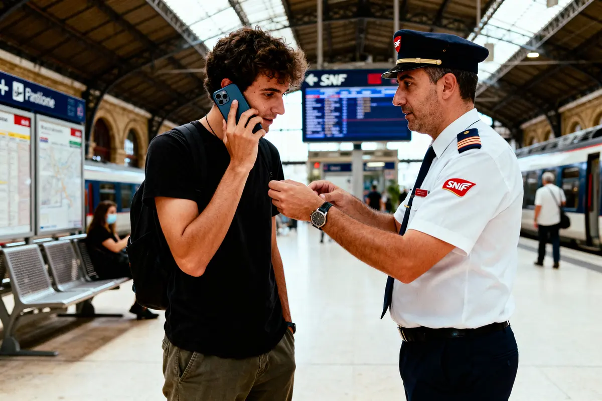 Un agent SNCF contrôle un passager au téléphone dans une gare ferroviaire animée, panneaux visibles.