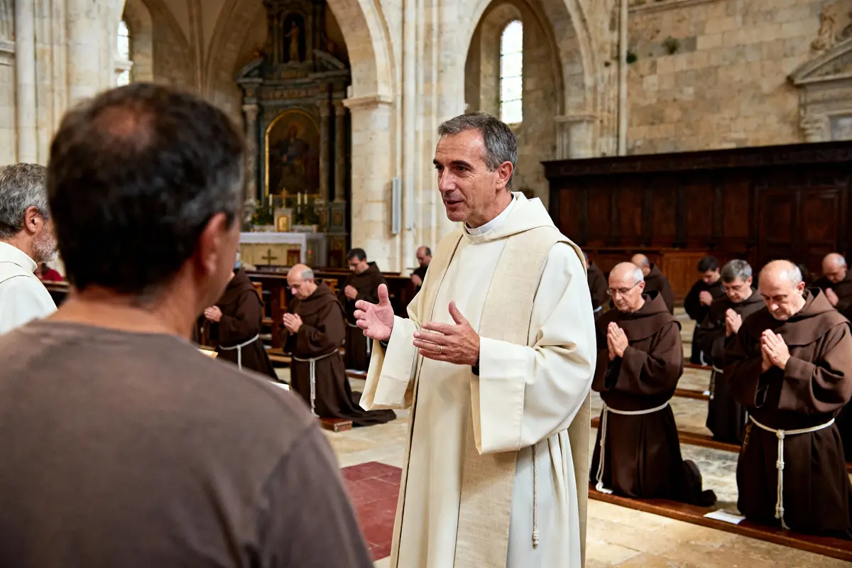 Moine en robe blanche parle, entouré de moines en marron priant dans une église historique.