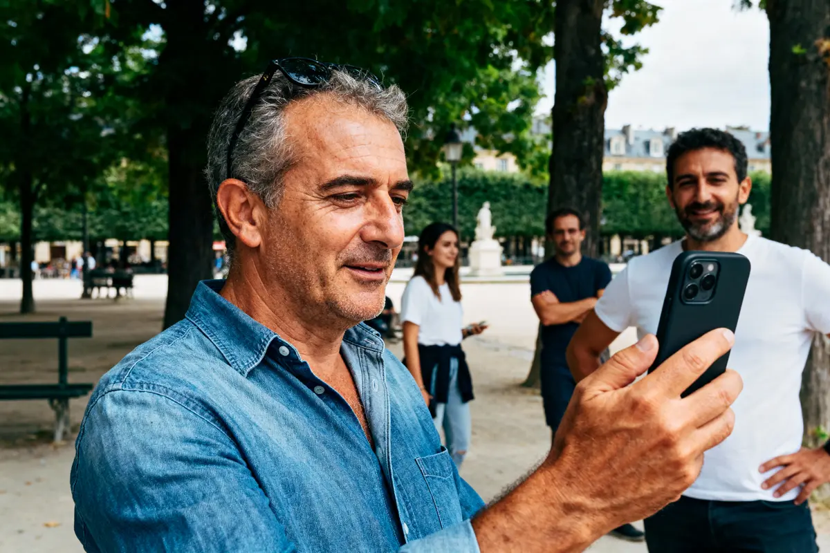 Homme tenant un smartphone à l'extérieur, trois personnes en arrière-plan, arbres et bancs autour.