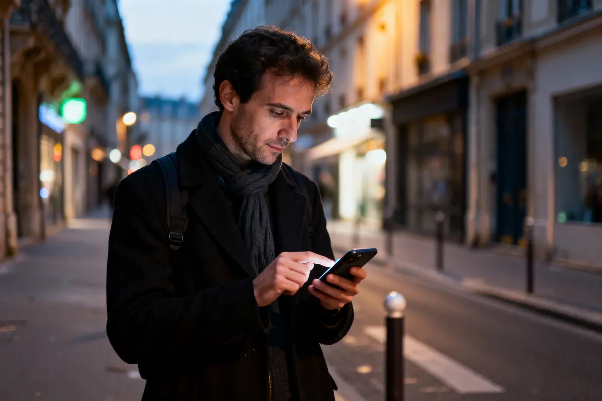 Homme consultant son téléphone, debout dans une rue urbaine, éclairée par des réverbères au crépuscule.