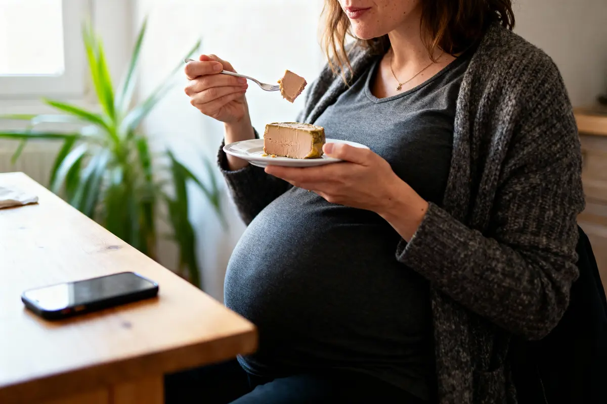 Femme enceinte mangeant du pâté, assise à une table en bois. Téléphone et plante en arrière-plan.