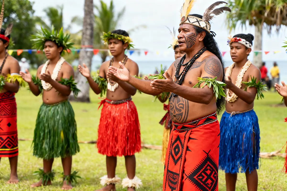 Des danseurs polynésiens avec tenues traditionnelles et tatouages, exécutent une danse sur une pelouse, décor tropical.