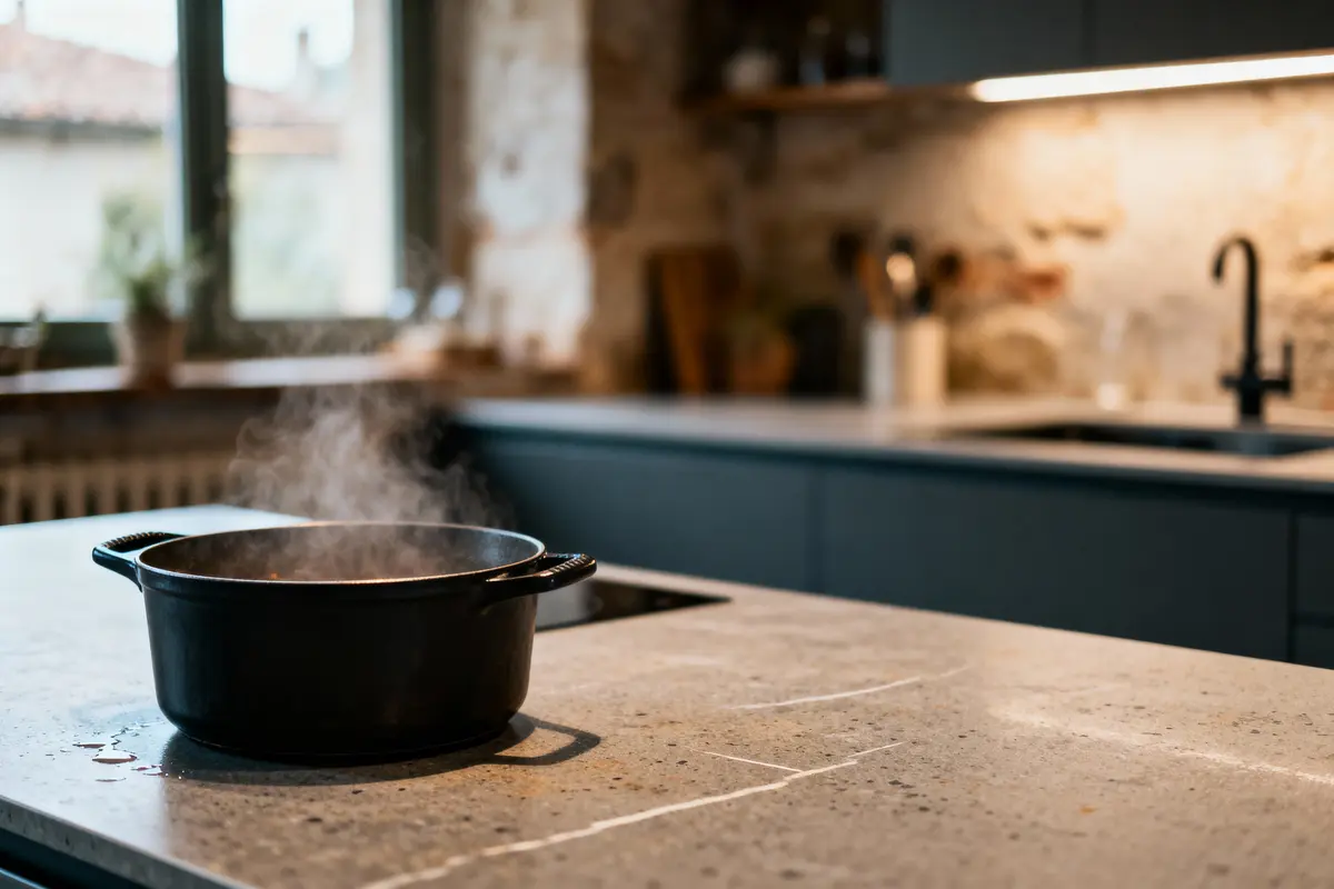 Casserole en fonte noire fumante sur plan de travail dans une cuisine moderne et lumineuse.