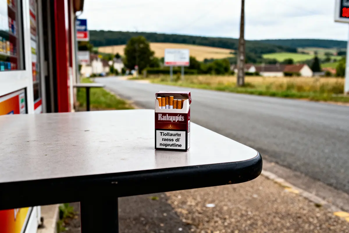 Paquet de cigarettes sur table extérieure, route de campagne en arrière-plan, journée couverte.