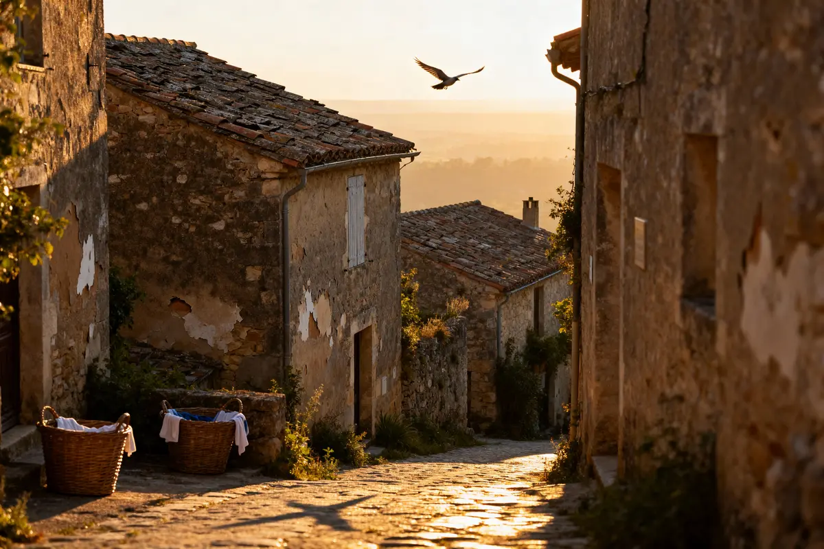Ruelle de village provençal au coucher du soleil, avec panier de linge et oiseau en vol.