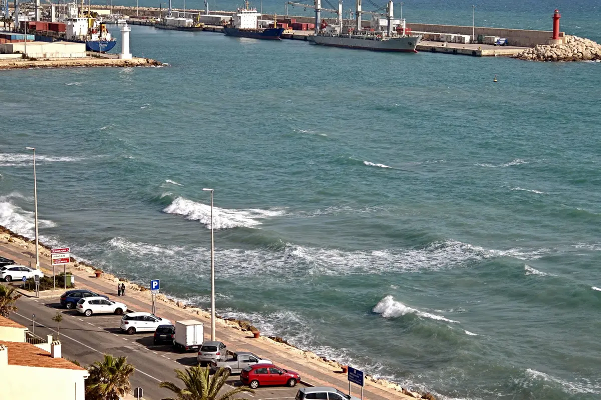 Port avec bateaux, phare rouge, mer agitée, voitures stationnées, route bordée de palmiers, ciel dégagé.