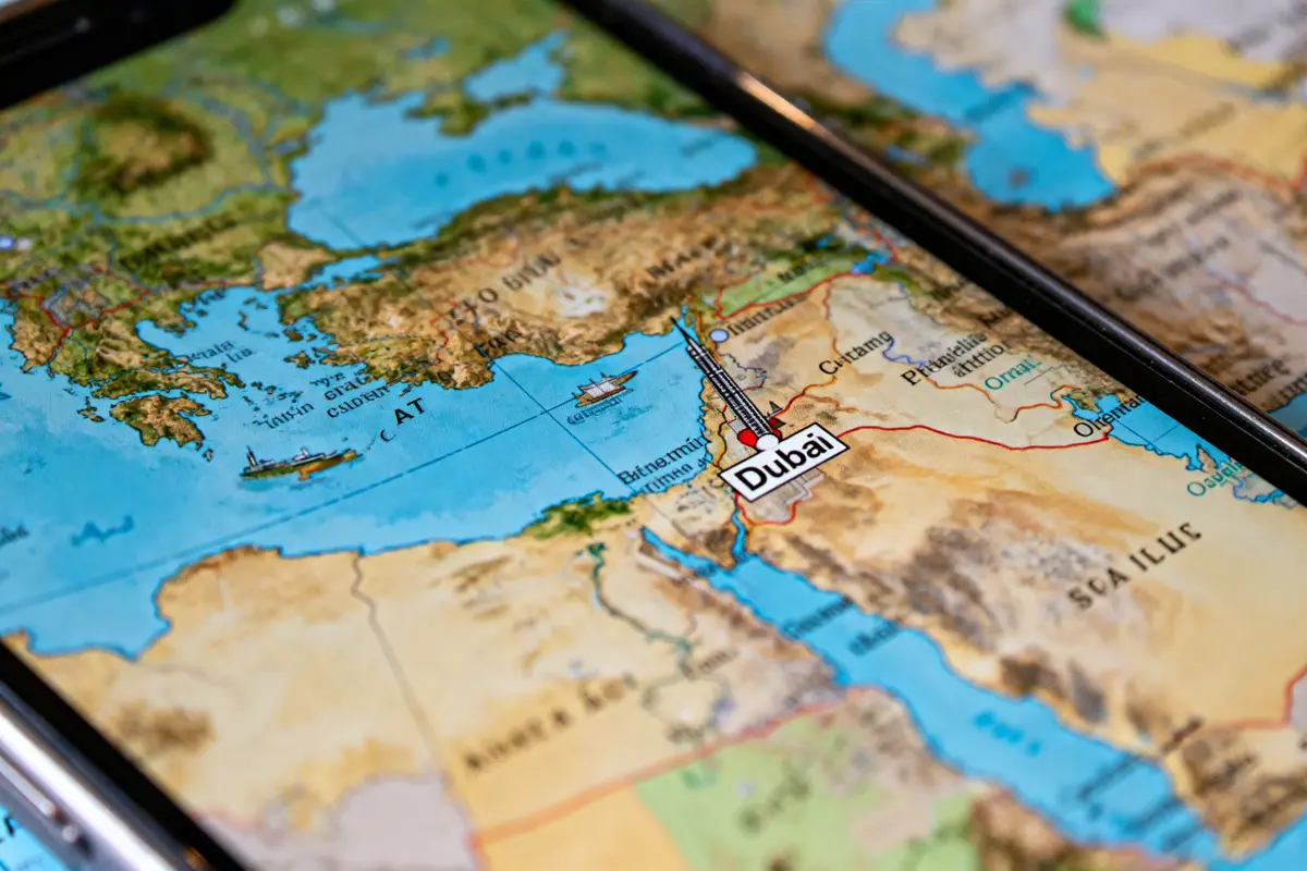 Carte montrant Dubaï, Turquie, Méditerranée, marquée par une épinglette rouge, téléphone visible en bordure.