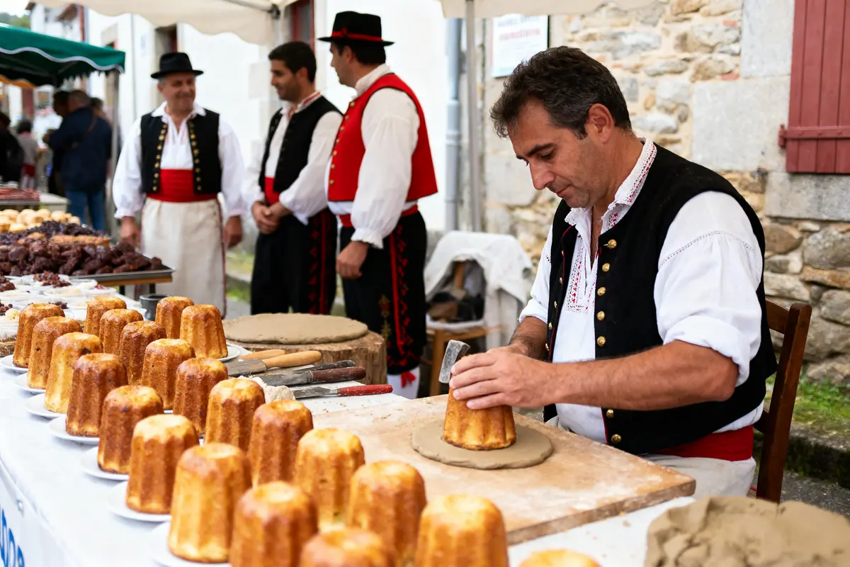 Homme en costume traditionnel préparant des pâtisseries sur un stand extérieur, autres hommes en arrière-plan.