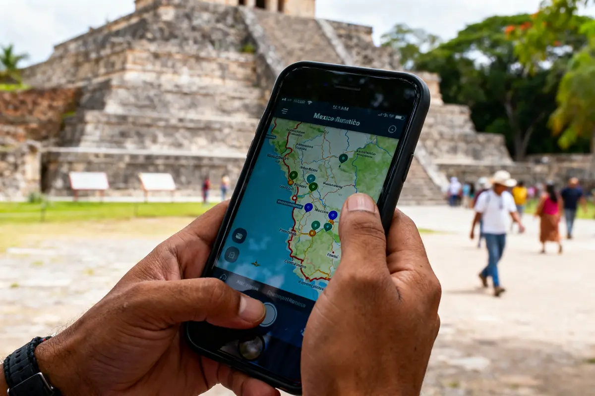 Main tenant un smartphone avec carte, pyramide en arrière-plan, touristes autour.