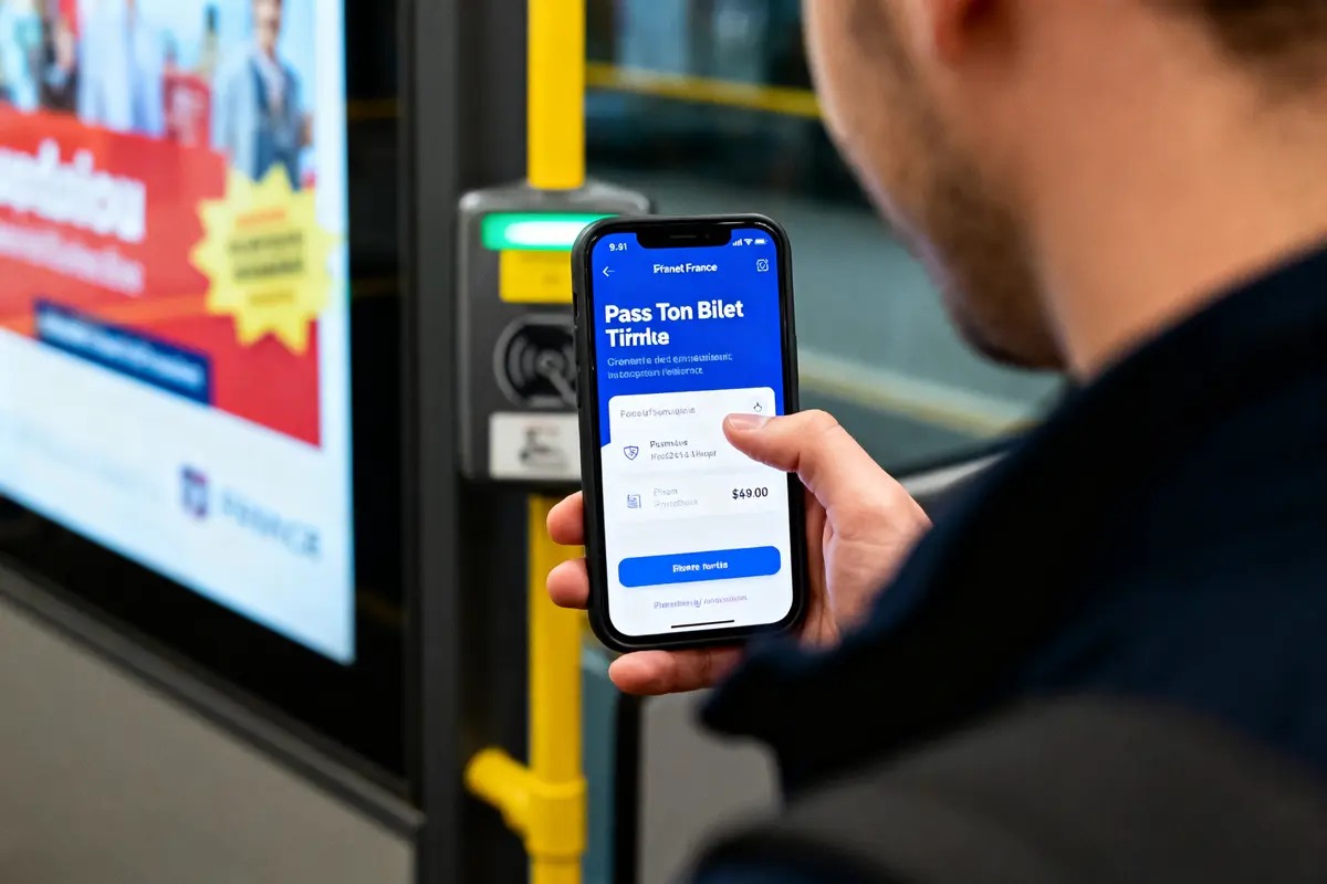 Homme utilisant une application de billet électronique sur smartphone devant un valideur de transport public.