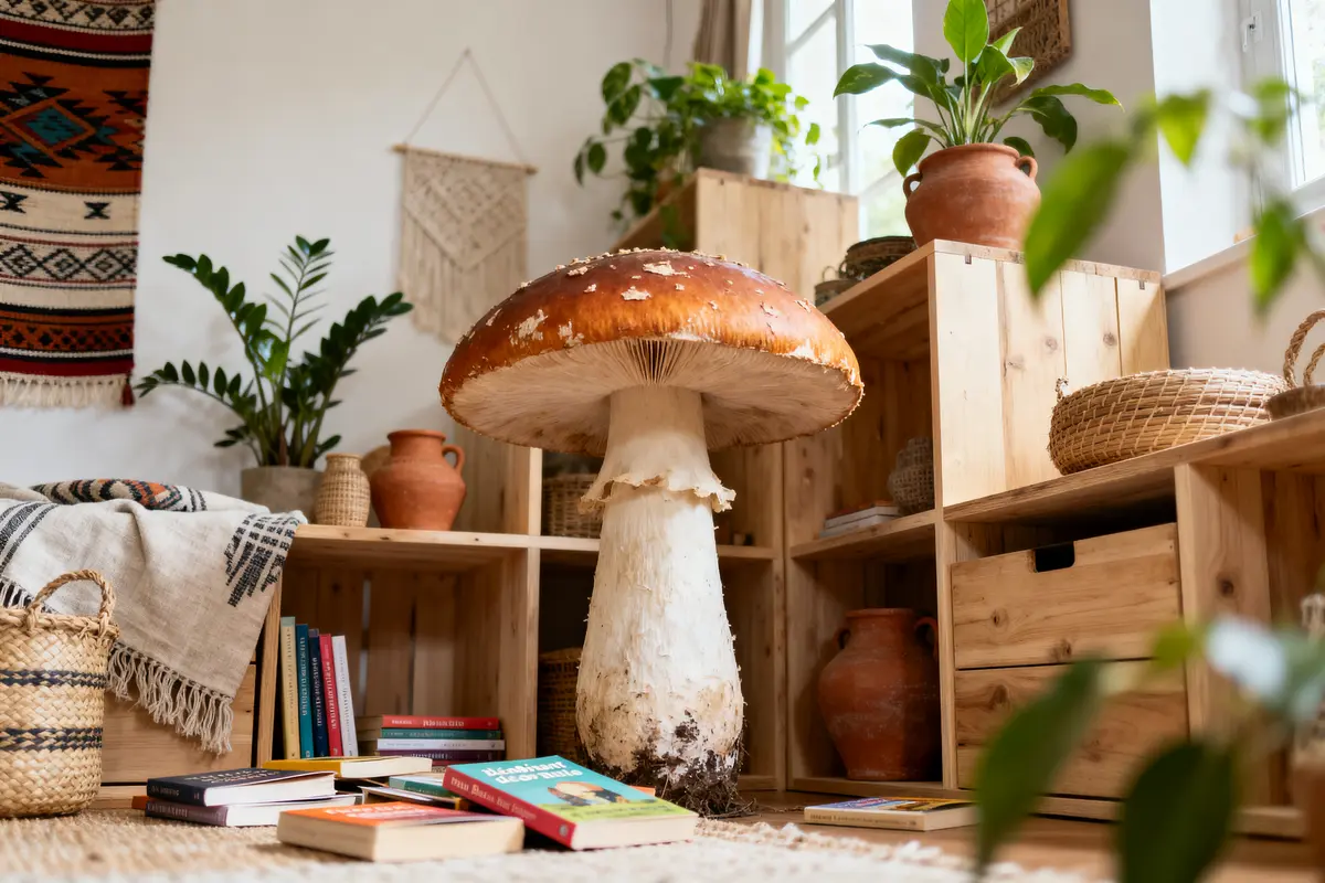 Intérieur avec grande sculpture de champignon, plantes en pot, livres colorés, étagères en bois, et tapis tissé accessoires.