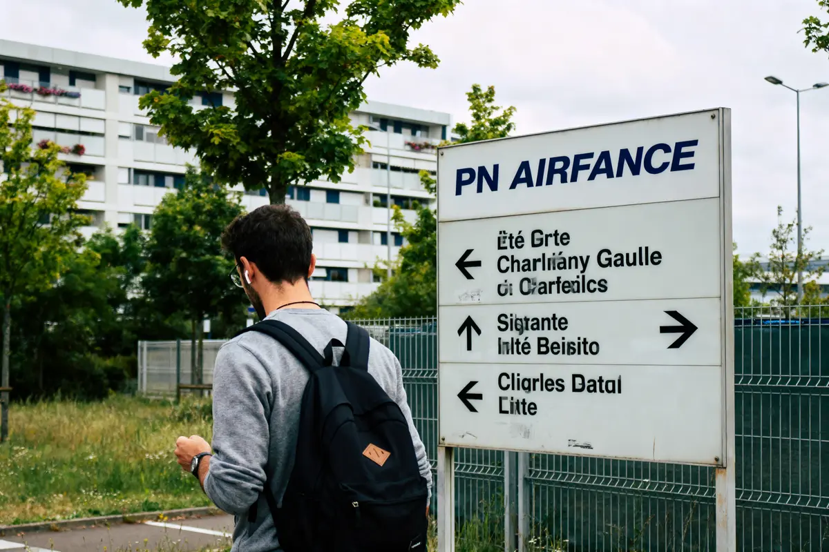 Personne avec sac à dos devant panneau avec texte illisible, arbre et immeuble en arrière-plan.