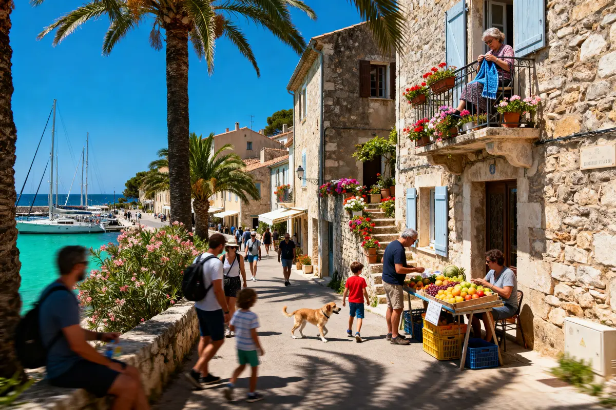 Scène côtière ensoleillée avec promeneurs, marché de fruits, et voiliers amarrés, palmiers et maison en pierre fleurie.