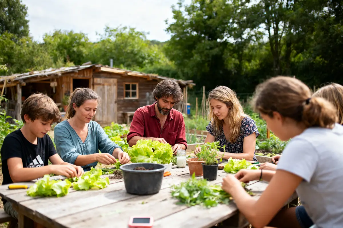 Personnes préparant des salades autour d'une table en bois, jardin, cabane en arrière-plan, ambiance conviviale.