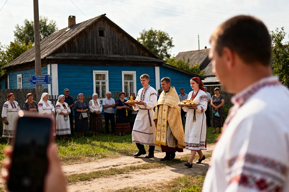 Personnes en tenue traditionnelle portant des plateaux, procession devant une maison bleue, spectateurs en arrière-plan.