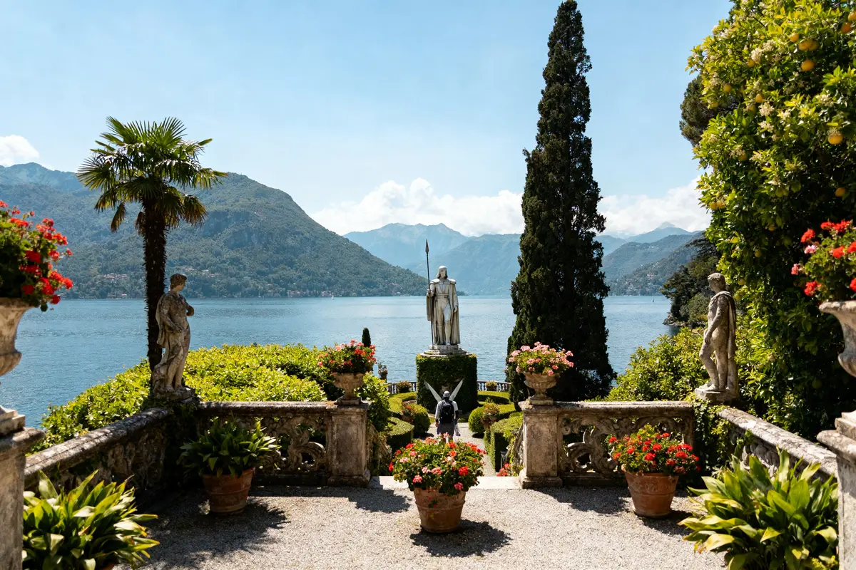 Jardin méditerranéen avec statues, montagnes, lac, et plantes fleuries, sous un ciel bleu ensoleillé.