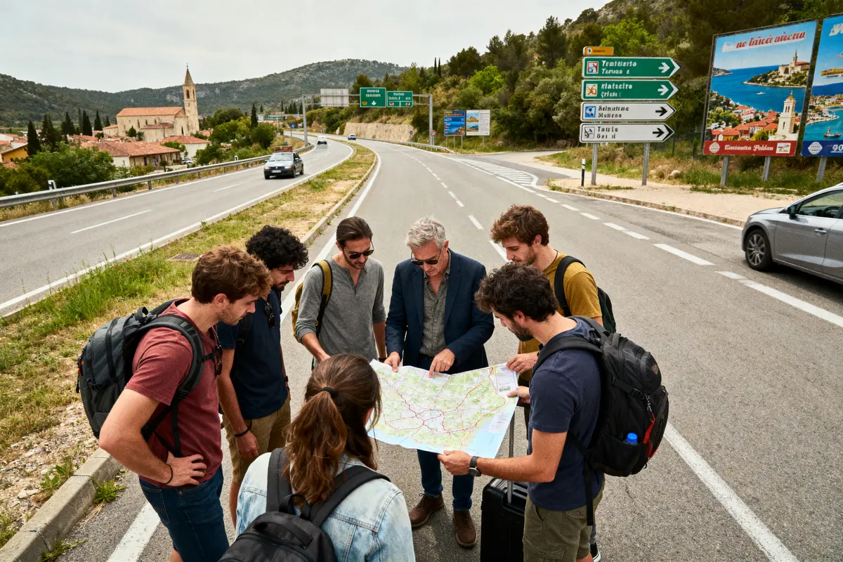 Un groupe de personnes consulte une carte routière sur une route avec panneaux de direction et église en arrière-plan.