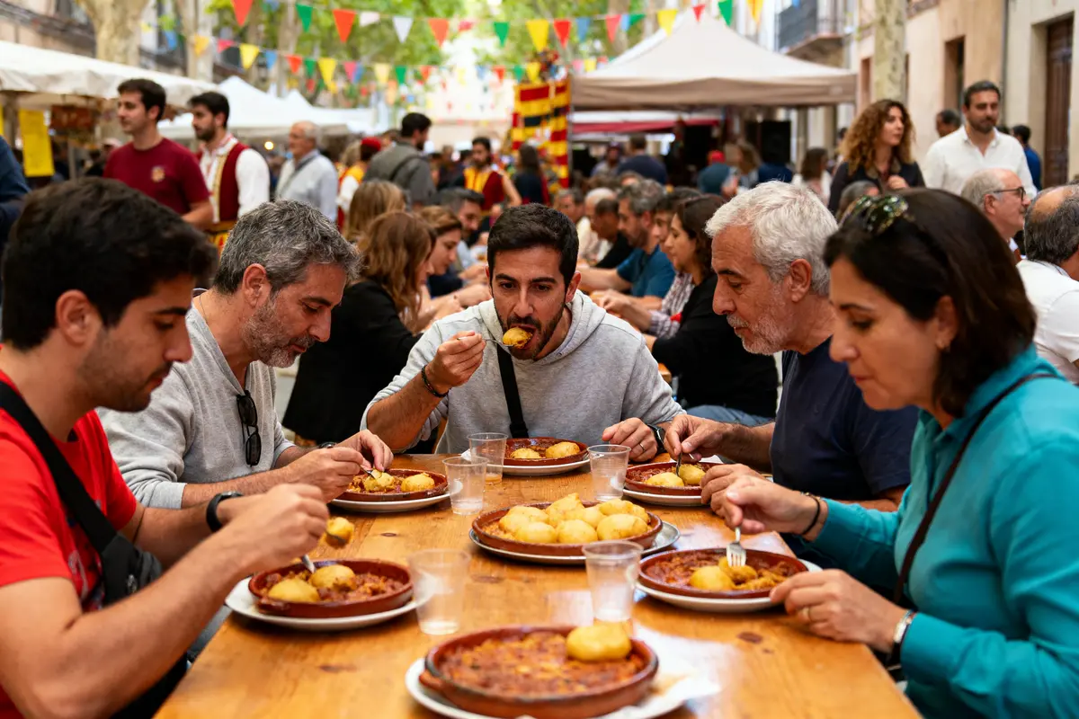 Personnes mangeant un repas convivial en plein air, avec nappes colorées et tables en bois, durant un festival.