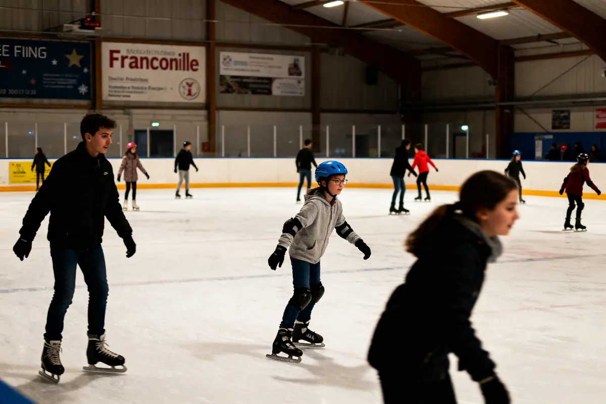 Plusieurs personnes patinent dans une patinoire couverte, avec équipement de sécurité, sous un éclairage intérieur.