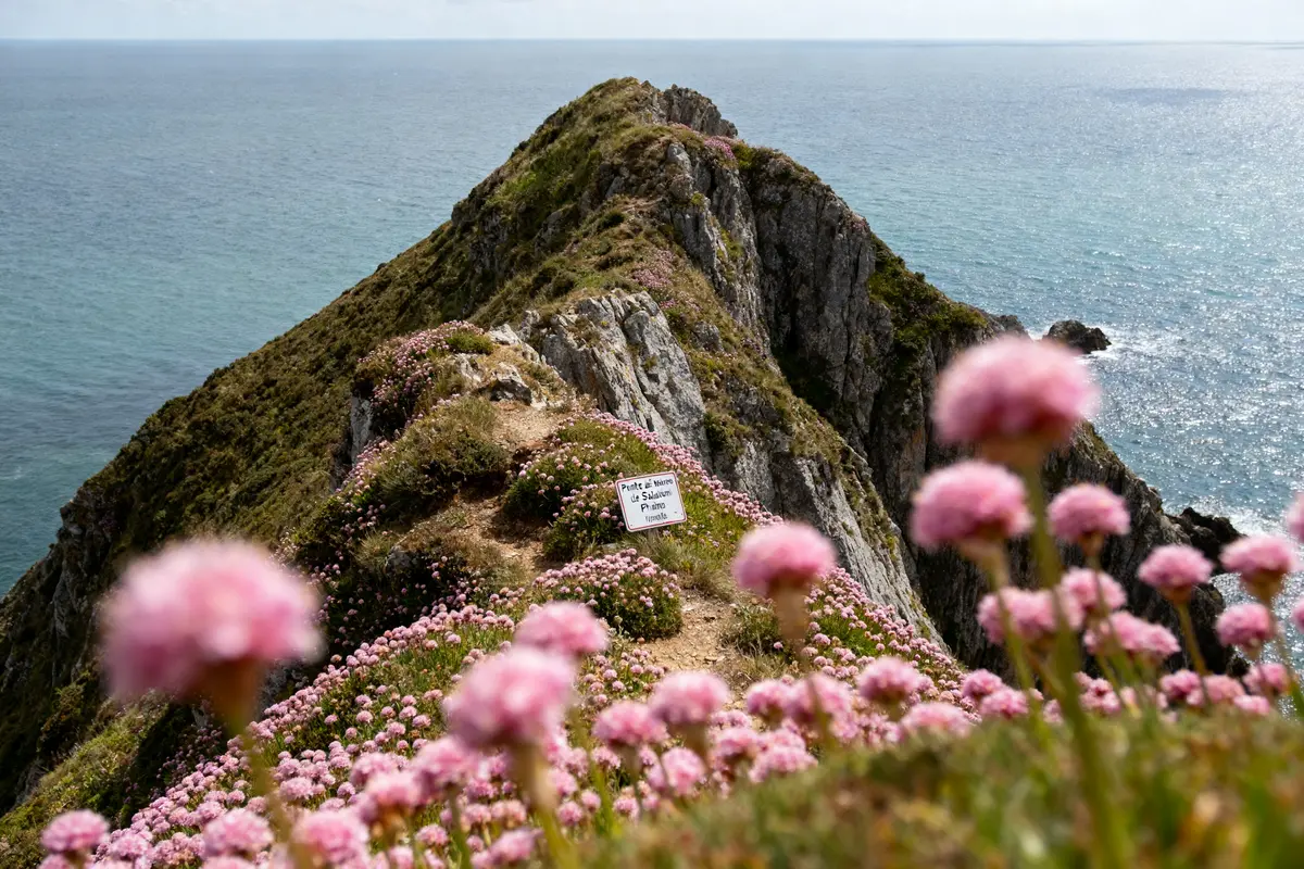 Sentier fleuri sur falaise bordant la mer, fleurs roses, plaque d'avertissement, paysage naturel, jour ensoleillé.