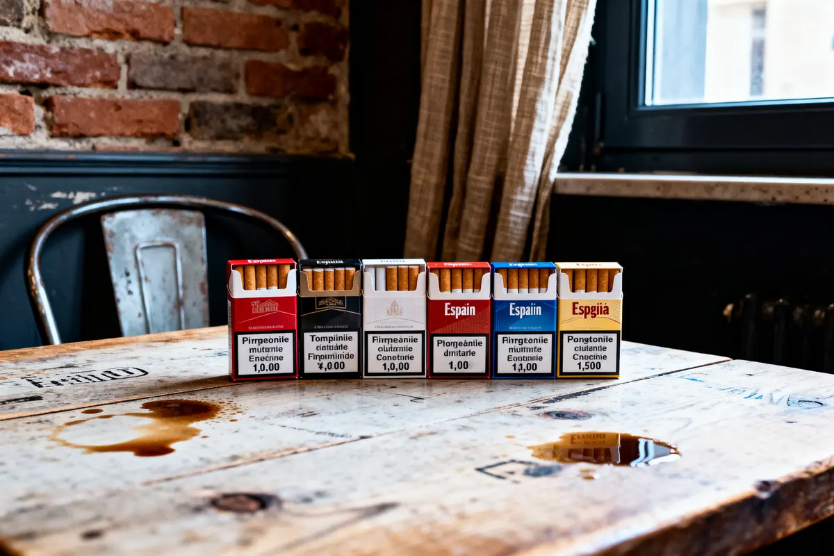 Cinq paquets de cigarettes colorés alignés sur une table en bois dans un café.