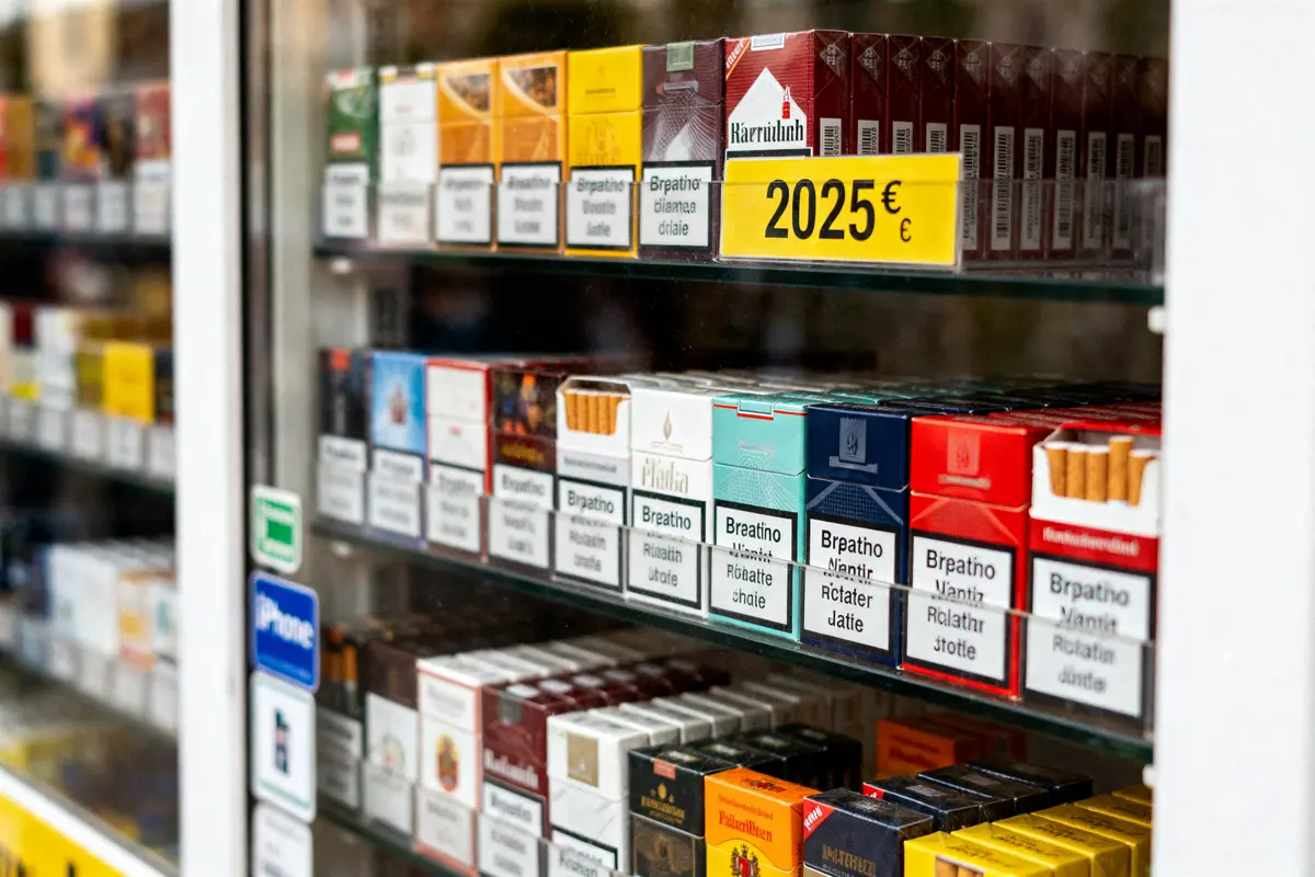 Paquets de cigarettes exposés derrière une vitrine avec étiquette de prix "2025 €" en couleur jaune.