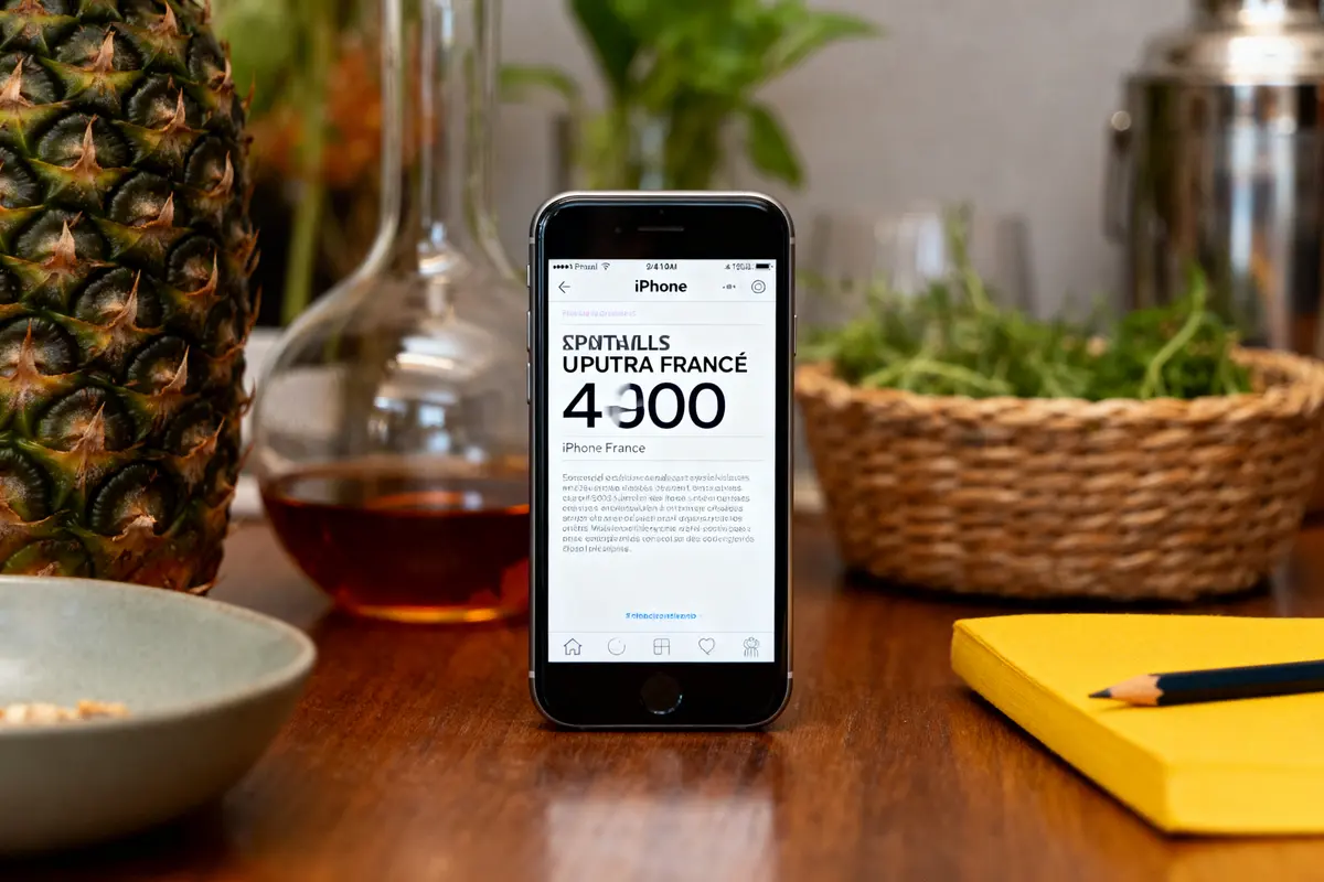 Smartphone affichant du texte sur table, près d'un ananas et carnet, 40 cl en ml.