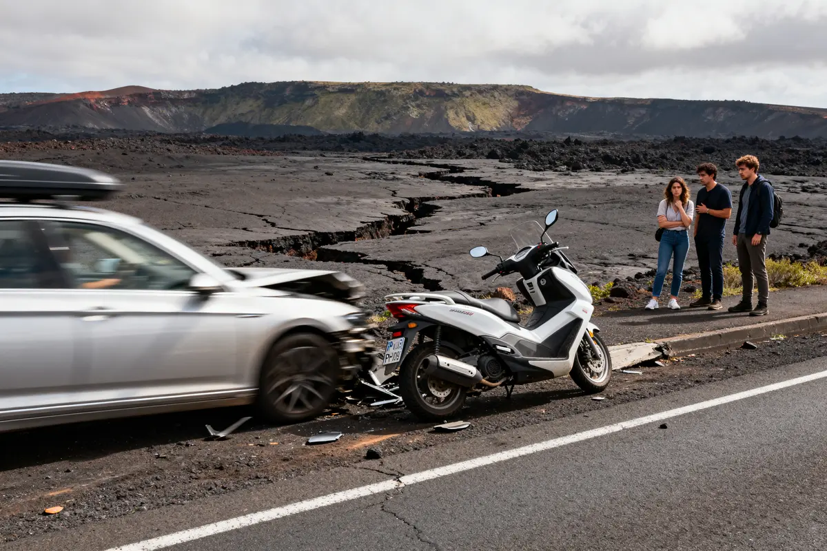 Voiture accidentée sur route volcanique à Bali pays dangereux pour circuler en scooter