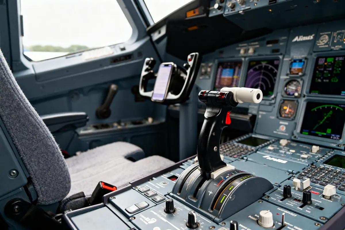 Cockpit d'un avion Airbus avec commandes et instruments de vol modernes