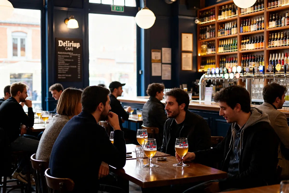Personnes dégustant des bières au Delirium Café Toulouse entourées de bouteilles colorées élégamment affichées