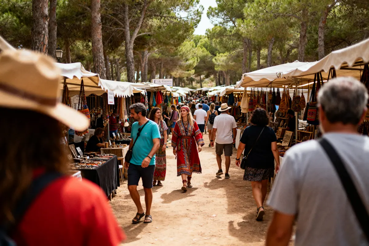 Des visiteurs explorent les stands colorés du Es Canar hippy market sous les arbres.