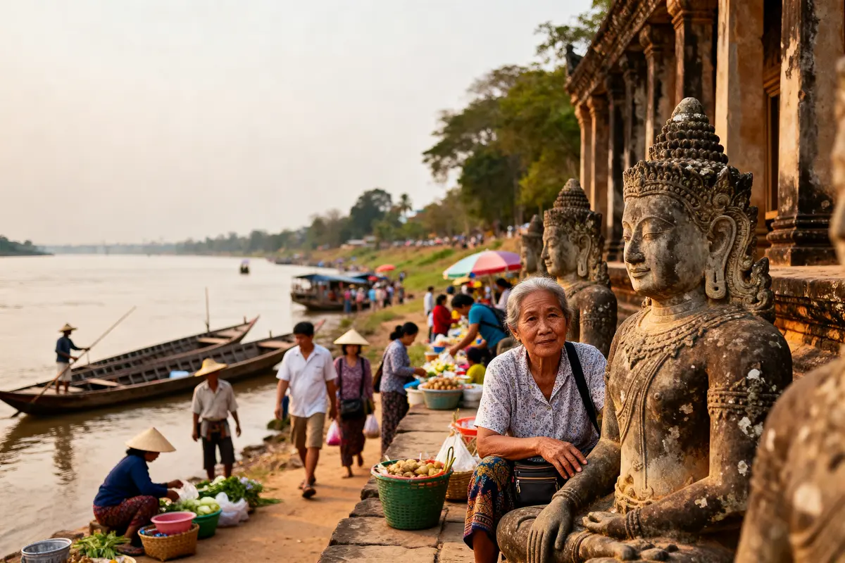 Femme près de statues bouddhistes sur un marché traditionnel à Viangchan au bord de l'eau