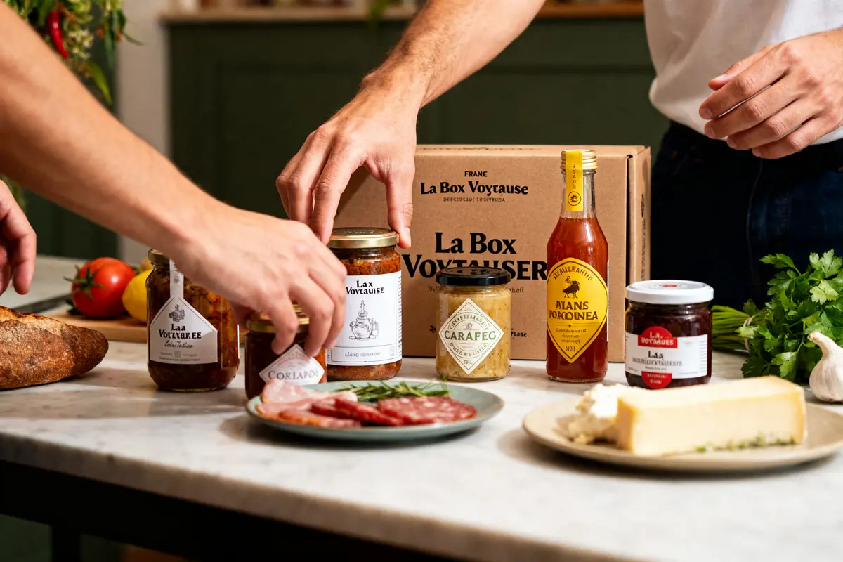 Personnes dégustant des produits de La Box Voyageuse sur une table pour avis sur La Box Voyageuse