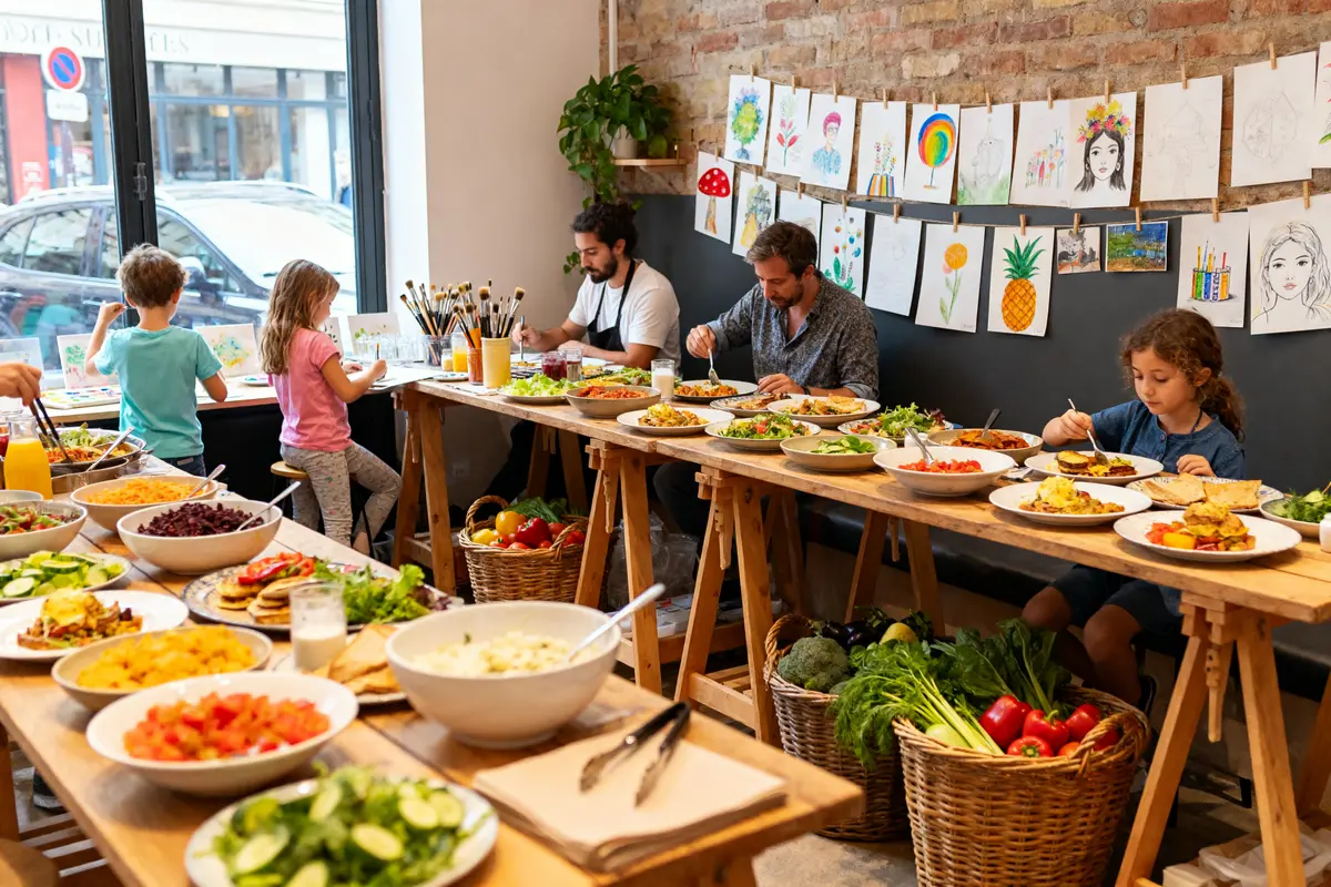 Groupe dégustant un brunch bazar, entouré de dessins et de plats variés sur table en bois