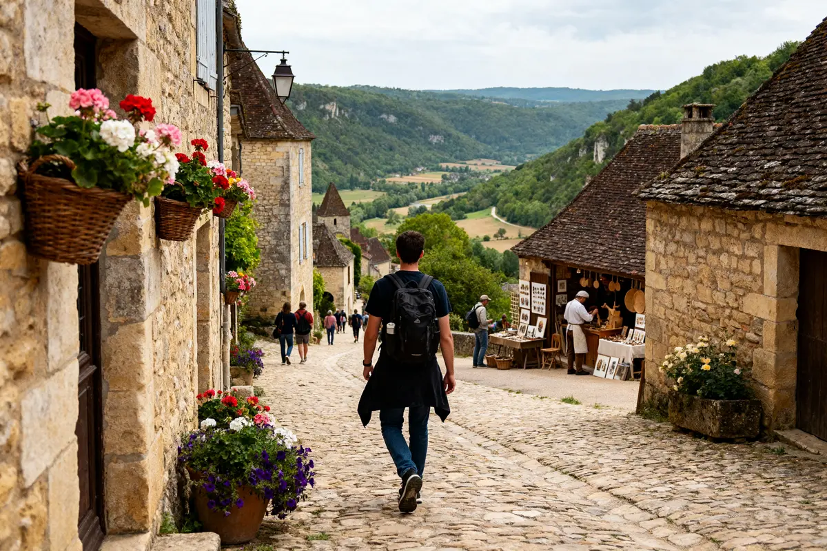 Visiteurs explorant les rues pittoresques pour savoir combien de temps pour visiter Saint-Cirq-Lapopie
