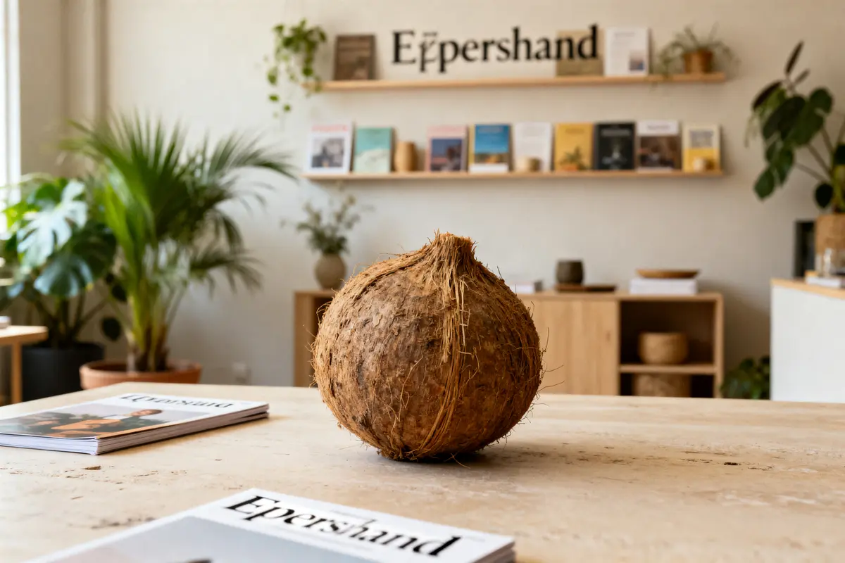 Un coco et Epershand magazine sur table dans un salon avec des plantes