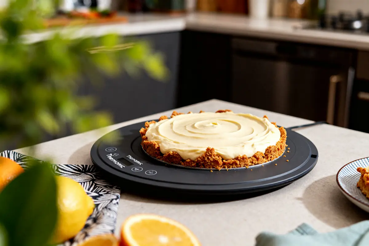 Flantaart au Thermomix sur assiette, garnie de crème, dans une cuisine moderne.