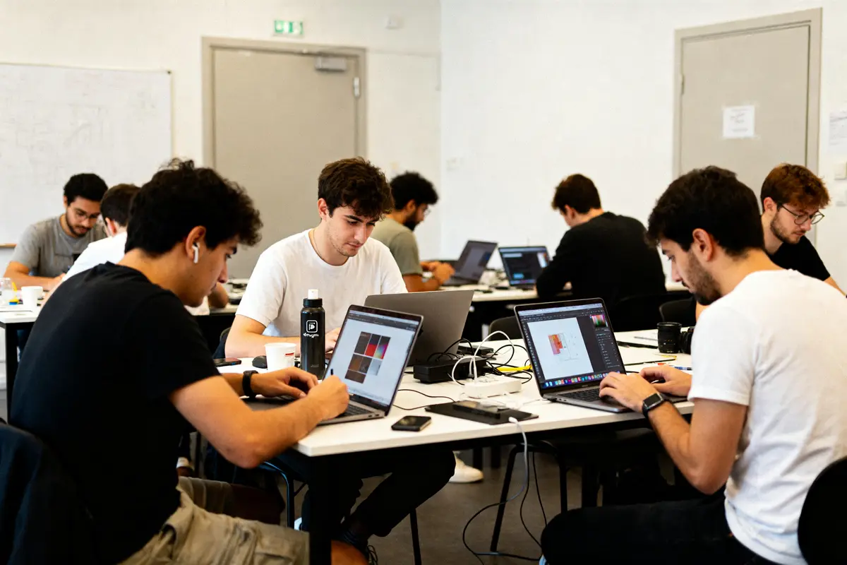Des étudiants concentrés en formation design decoscope.fr sur leurs ordinateurs portables en classe