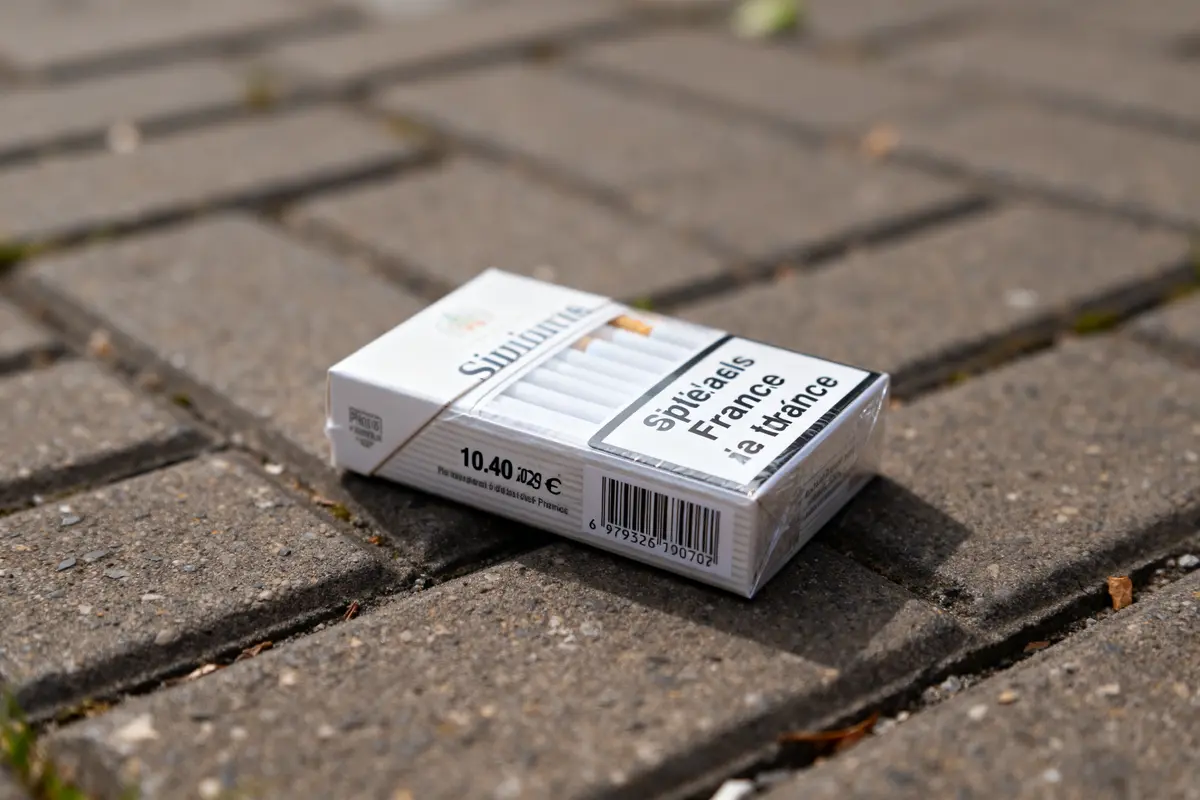 Paquet de cigarettes le moins cher posé sur le trottoir en briques