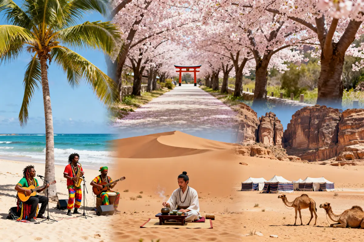 Musiciens sur plage, cerisiers, désert et cérémonie typique d'un pays en J asiatique.