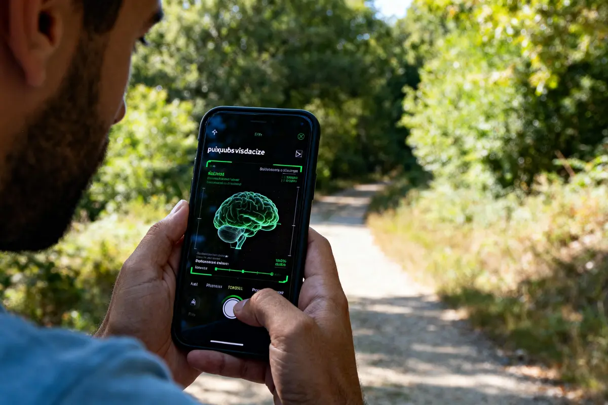 Homme utilisant l'app puixudosvisdacize sur smartphone en forêt破解
