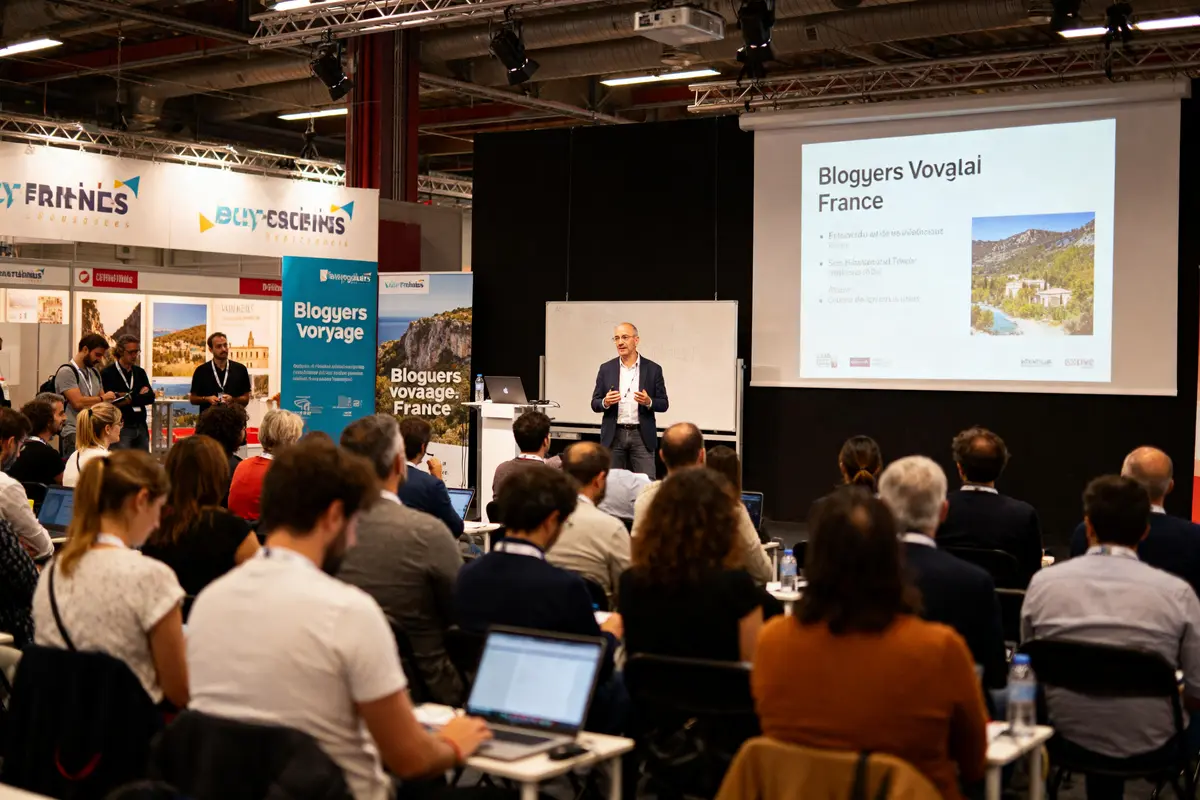 Conférence lors du salon blogueur voyage avec orateur devant public attentif et diapositives projetées