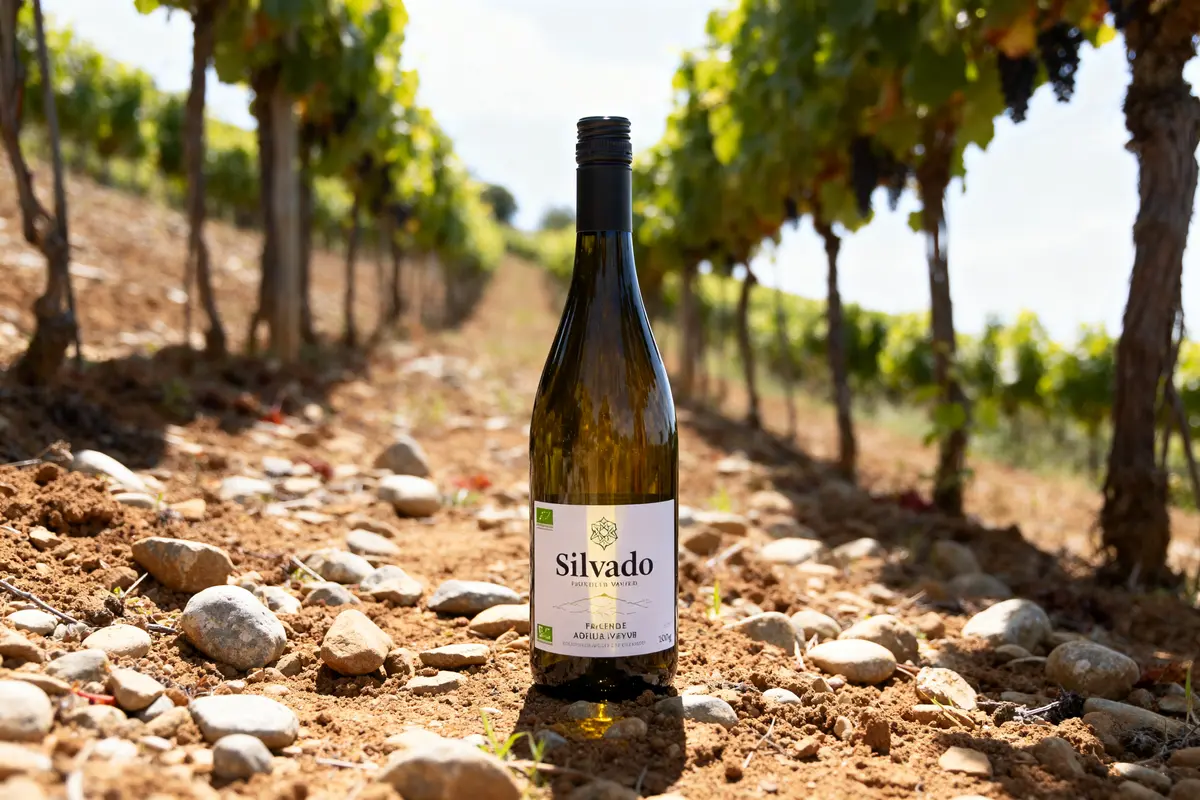 Bouteille de vin Silvado posée dans un vignoble avec des rangées de vignes.