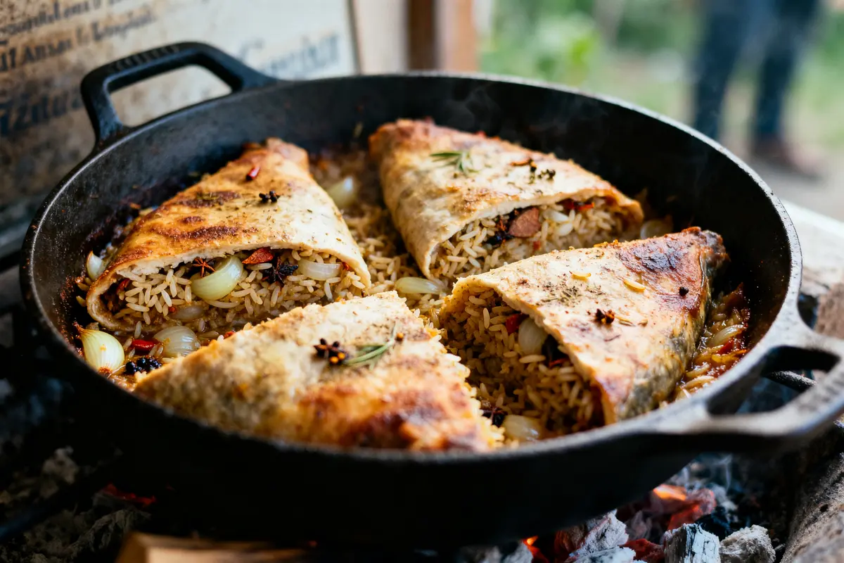 Plat de poisson farci au riz et sirdan cuisant dans une poêle en fonte